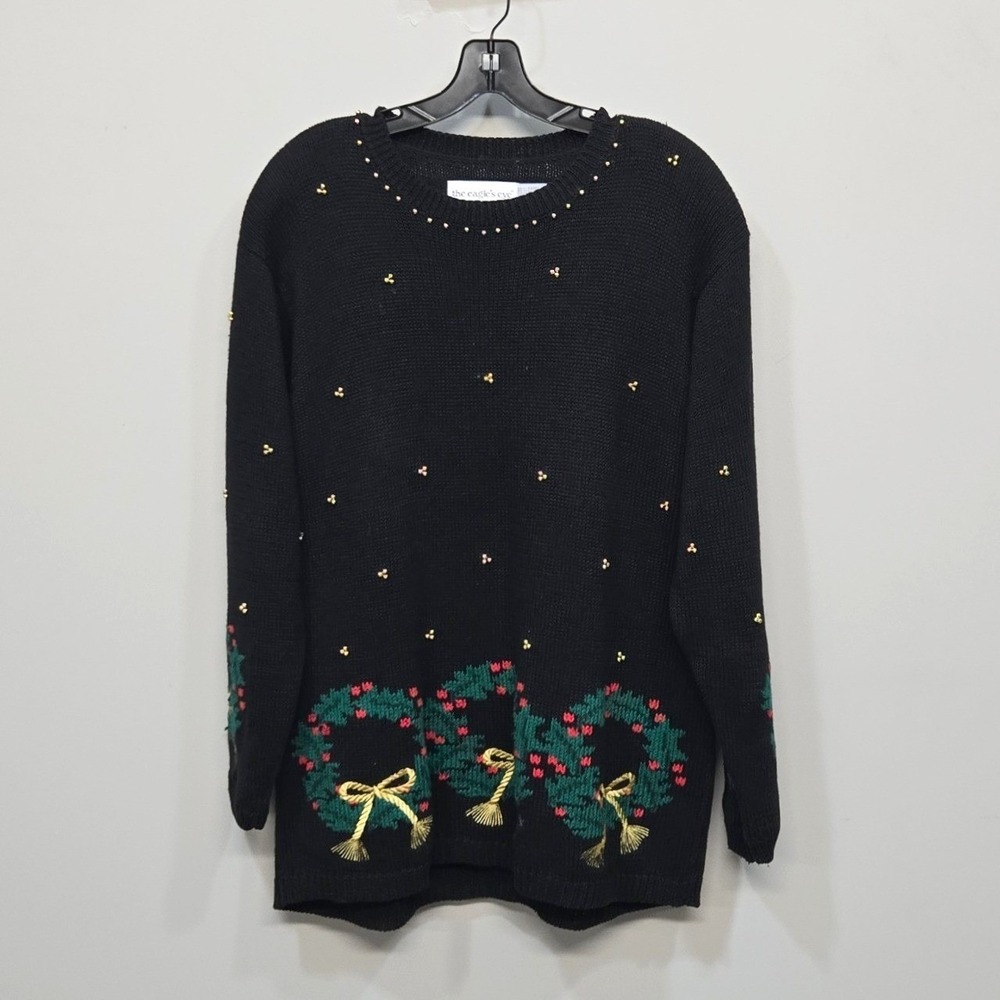 Vintage 1994 The Eagle's Eye Christmas Sweater Medium Ramie Cotton Beaded Wreath